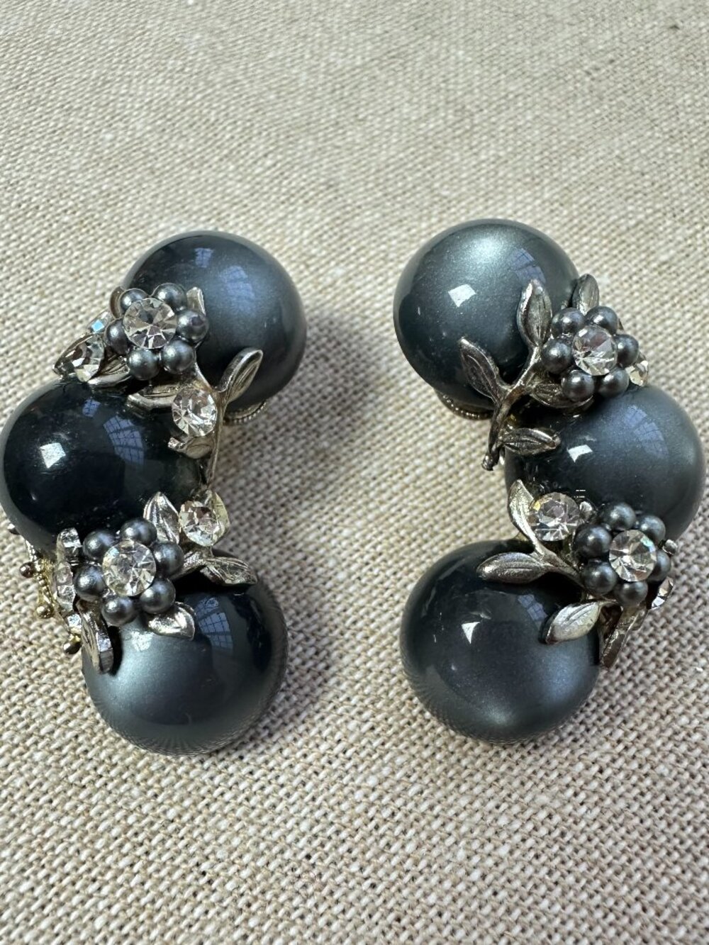 Vintage Coro Clip-On Earrings Gray Lucite Style Cabochon Rhinestone Floral